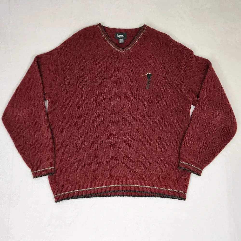 Haggar Tour Mens XL V-Neck Sweater Burgundy Red Diamond Knit Golf Embroidered